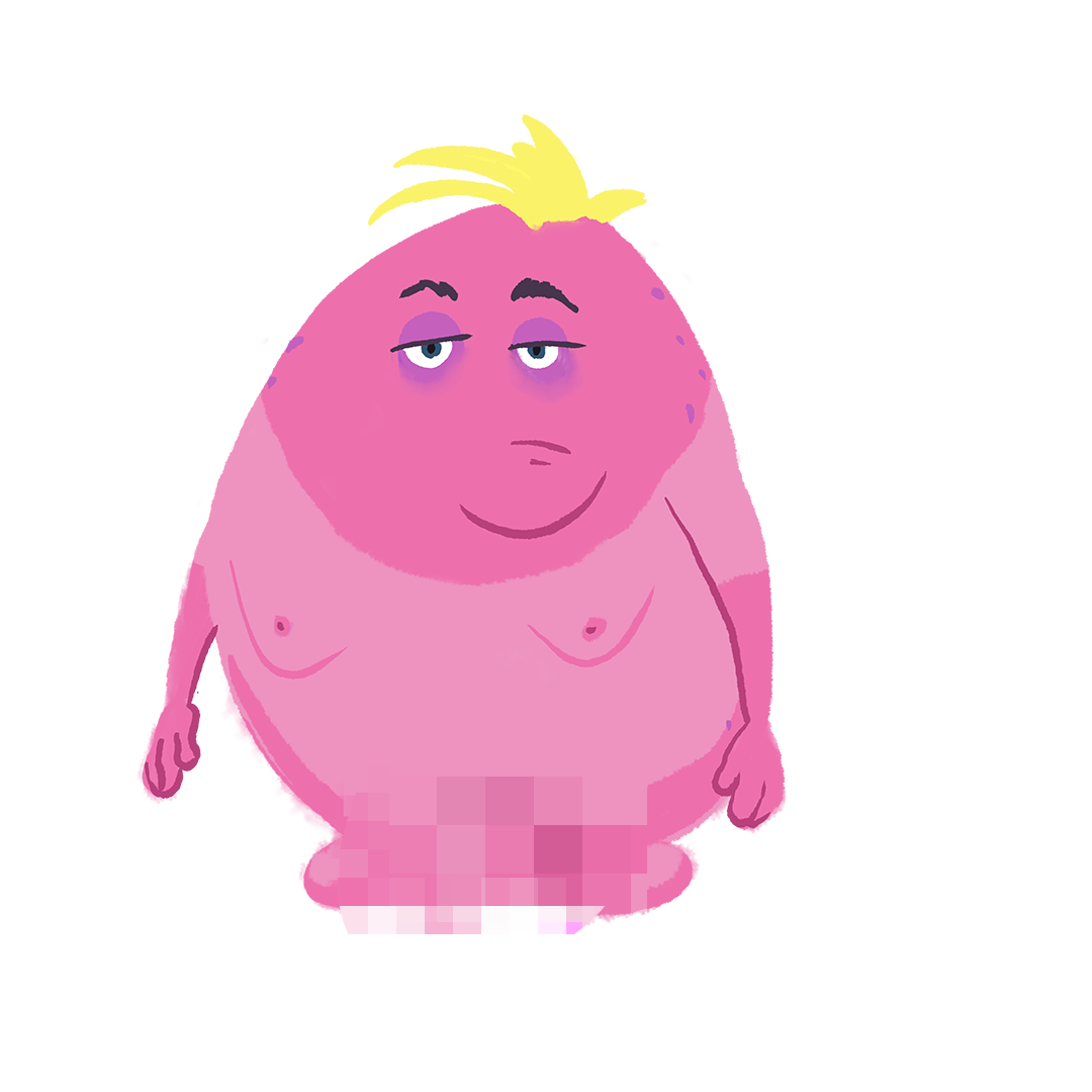 B. Ten — a pink egg with a yellow hair-tuft and heavy-lidded, tired eyes