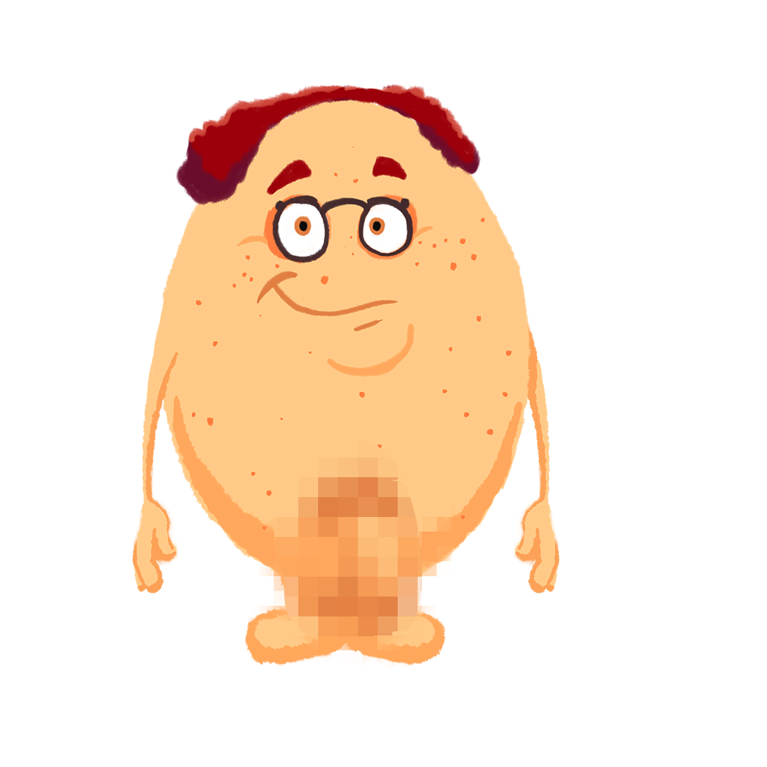 Huevos — a peach egg with round glasses, a curly red hairline, and a nervous grimace