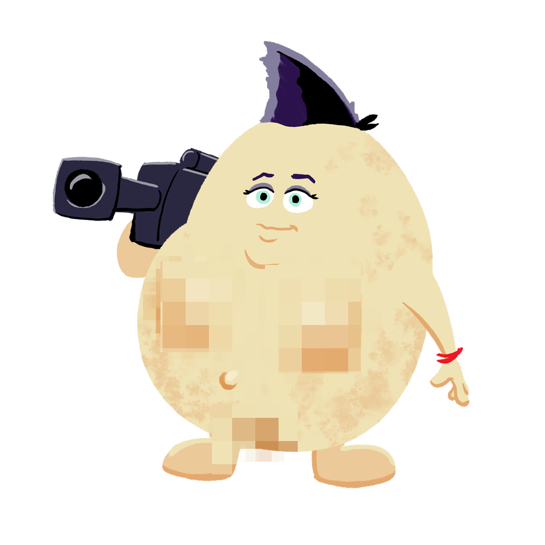 Mayo — a peach egg with a purple mohawk and a video camera on her shoulder