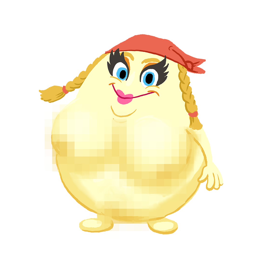 Spatzel — a large yellow ostrich egg with blonde braids and a pink bandana
