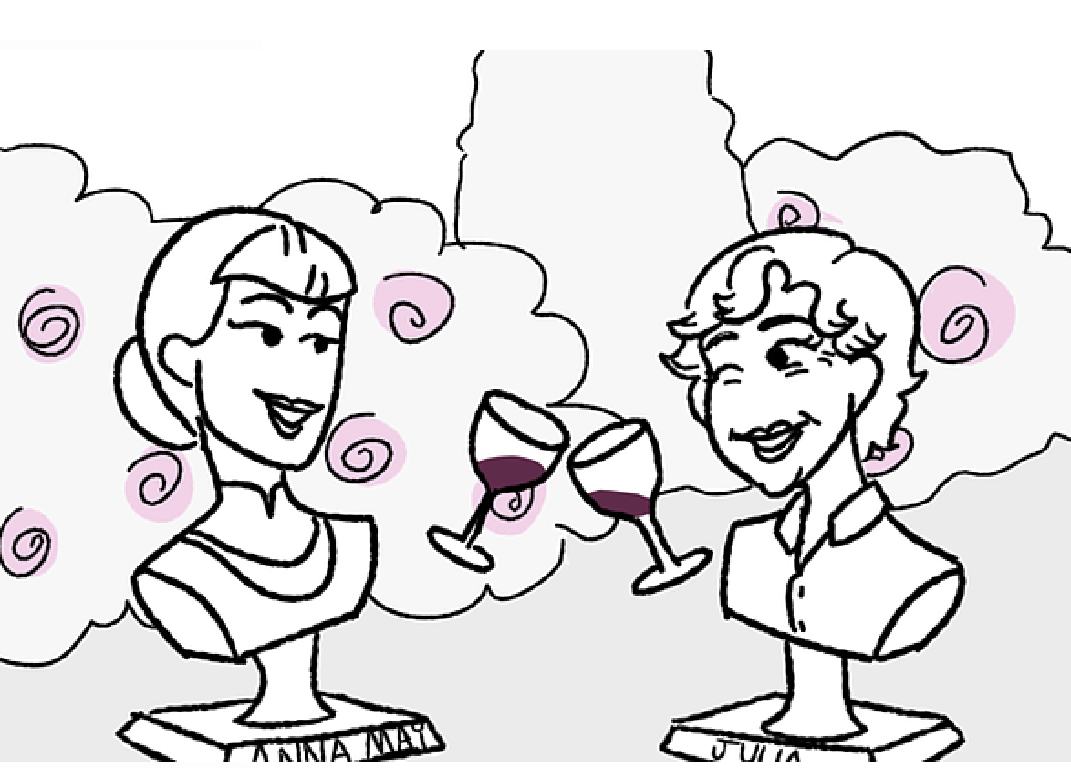 Two women toasting with wine glasses, celebrating the comedy
